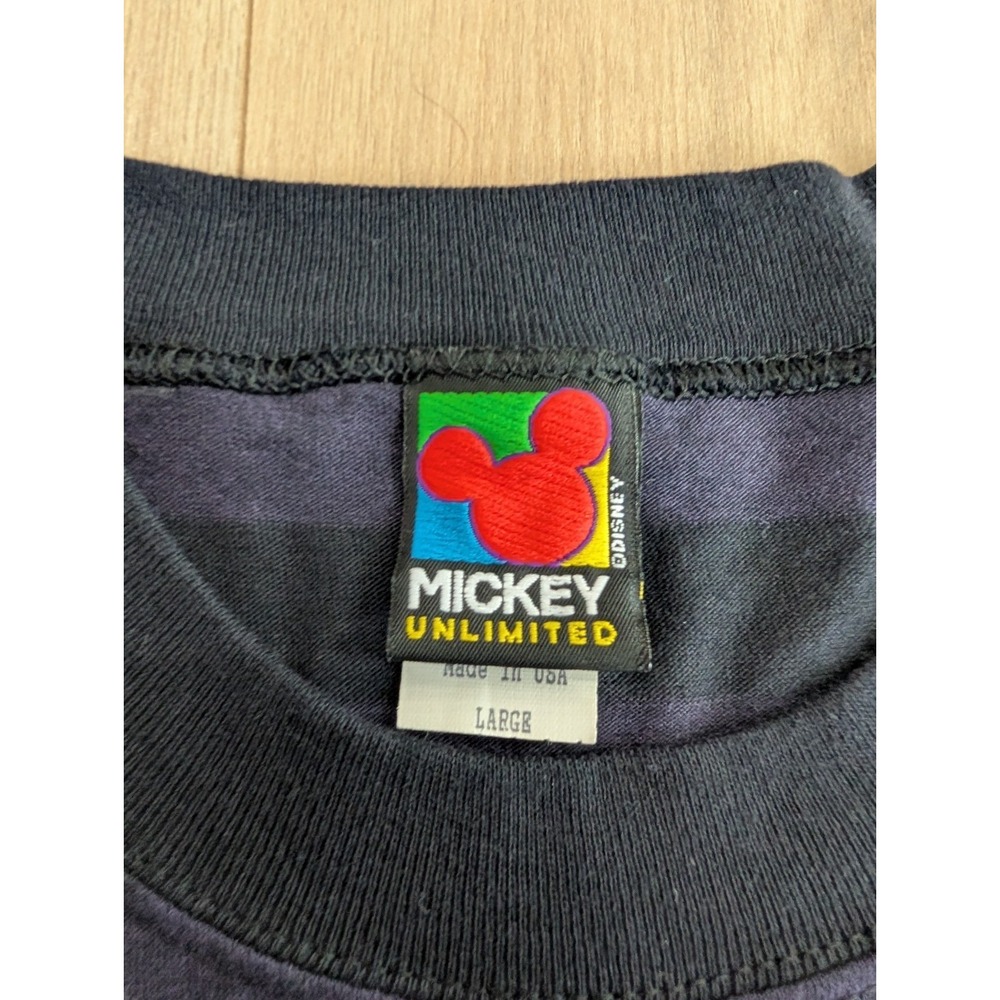 VTG Mickey Unlimited Mouse Disney Men Large Striped T Shirt Purple Black USA - Picture 6 of 8